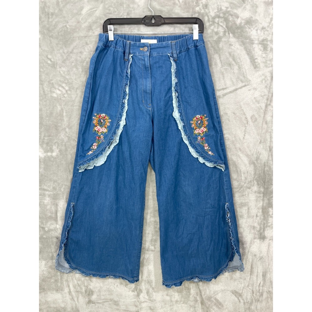PINK HOUSE Japan Wide Leg Jeans Women's Floral Embroidered Patches Ruffles Blue